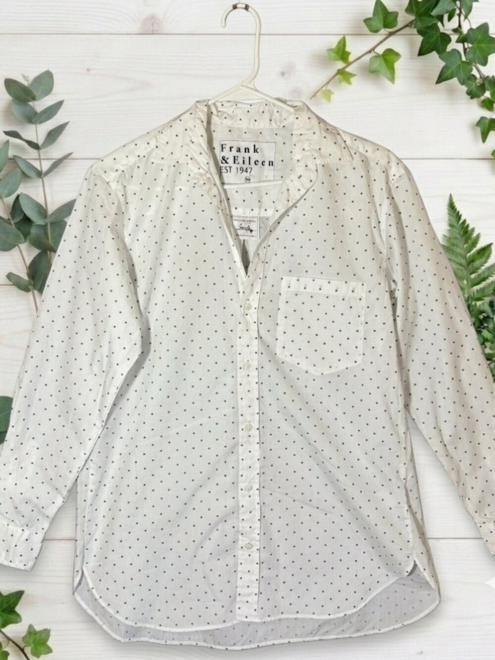 Frank & Eileen Joedy Shirt XS White Green Square Dot Woven in Italy Cotton